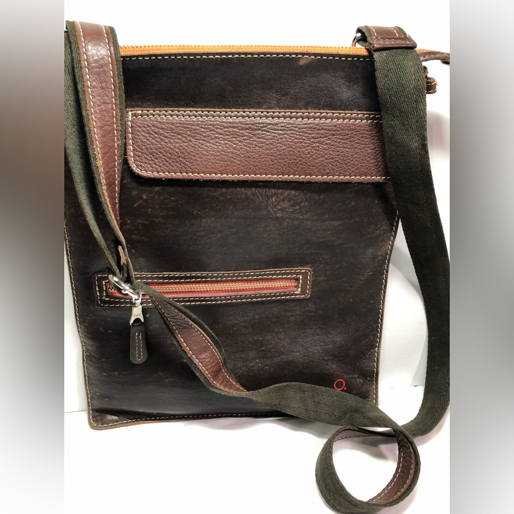 Quintero Leather Cross Body Messenger bag brown with orange accents